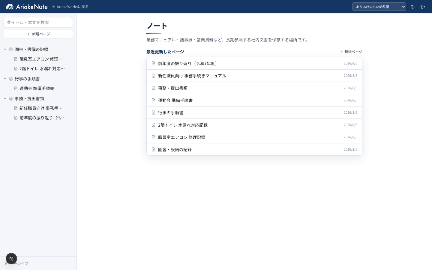 AriakeNoteの実画面：ページ一覧。園舎・設備の記録、行事の手順、事務・提出書類のカテゴリごとに親ページ・子ページが並んでいる