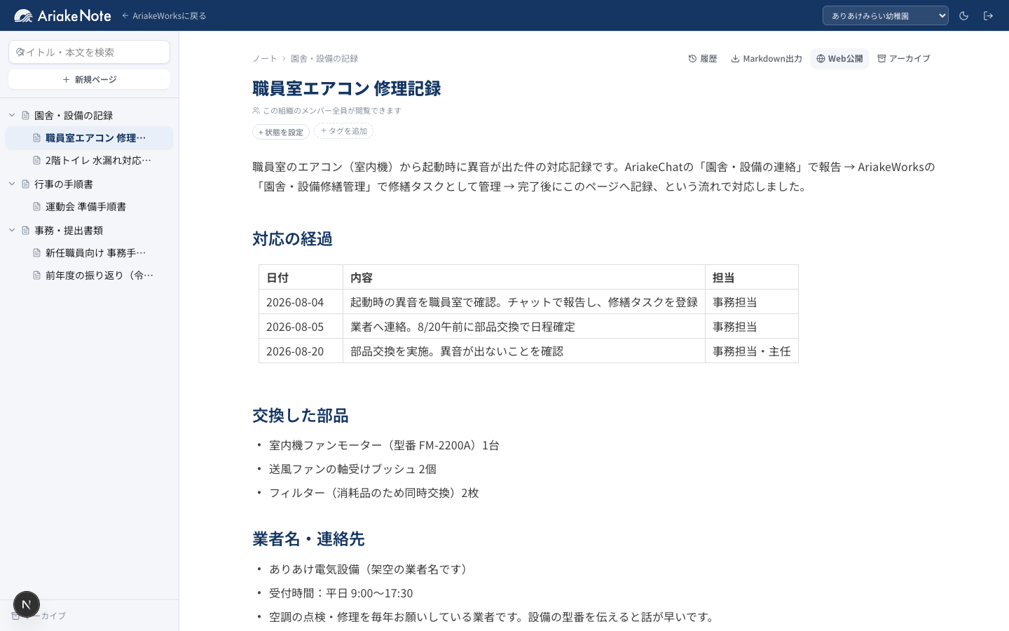 AriakeNoteの実画面：設備トラブル対応の記録ページ。対応の経過を表でまとめ、交換した部品や連絡先を記載している